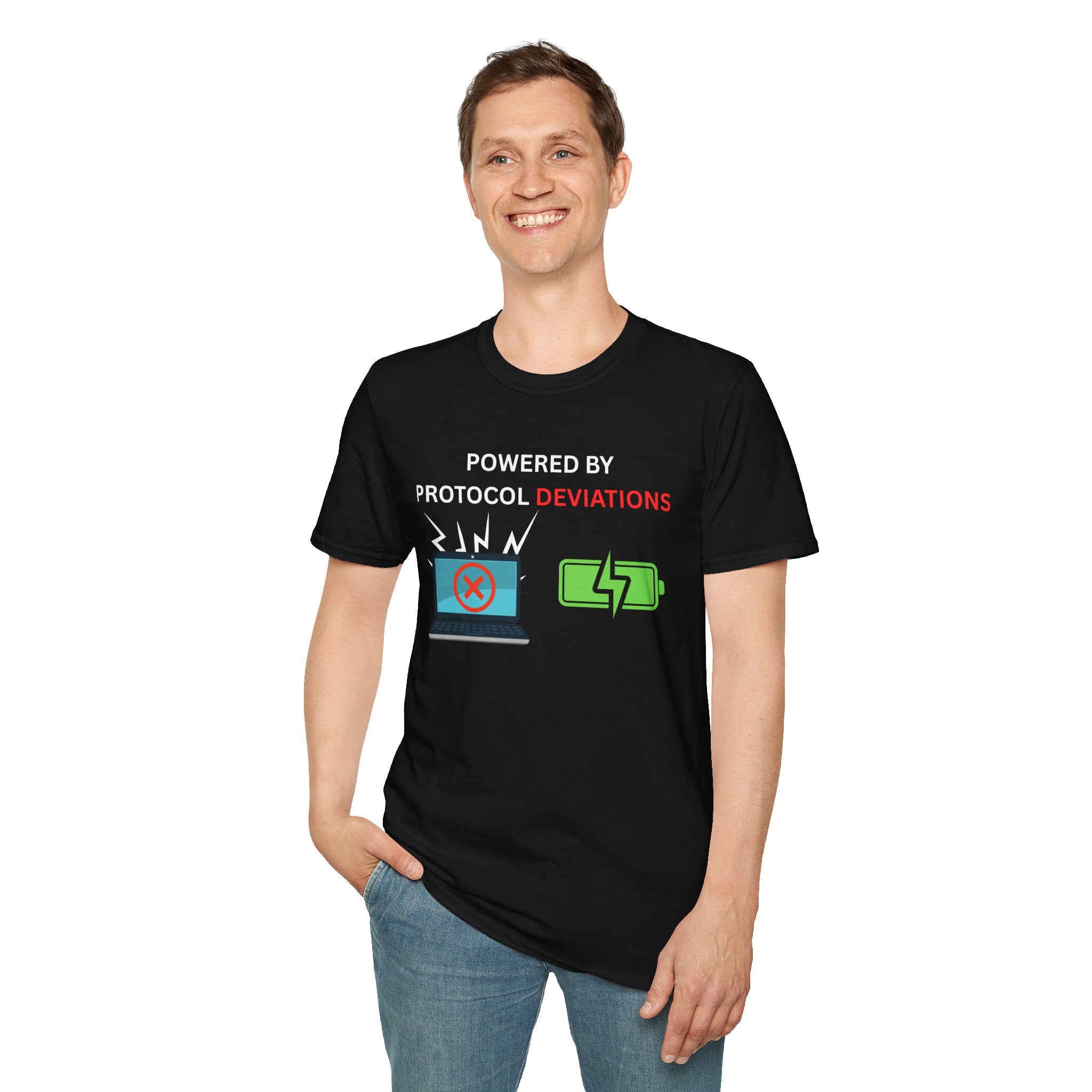 Powered By Protocol Deviations - Funny Clinical Research Unisex Softstyle T-Shirt