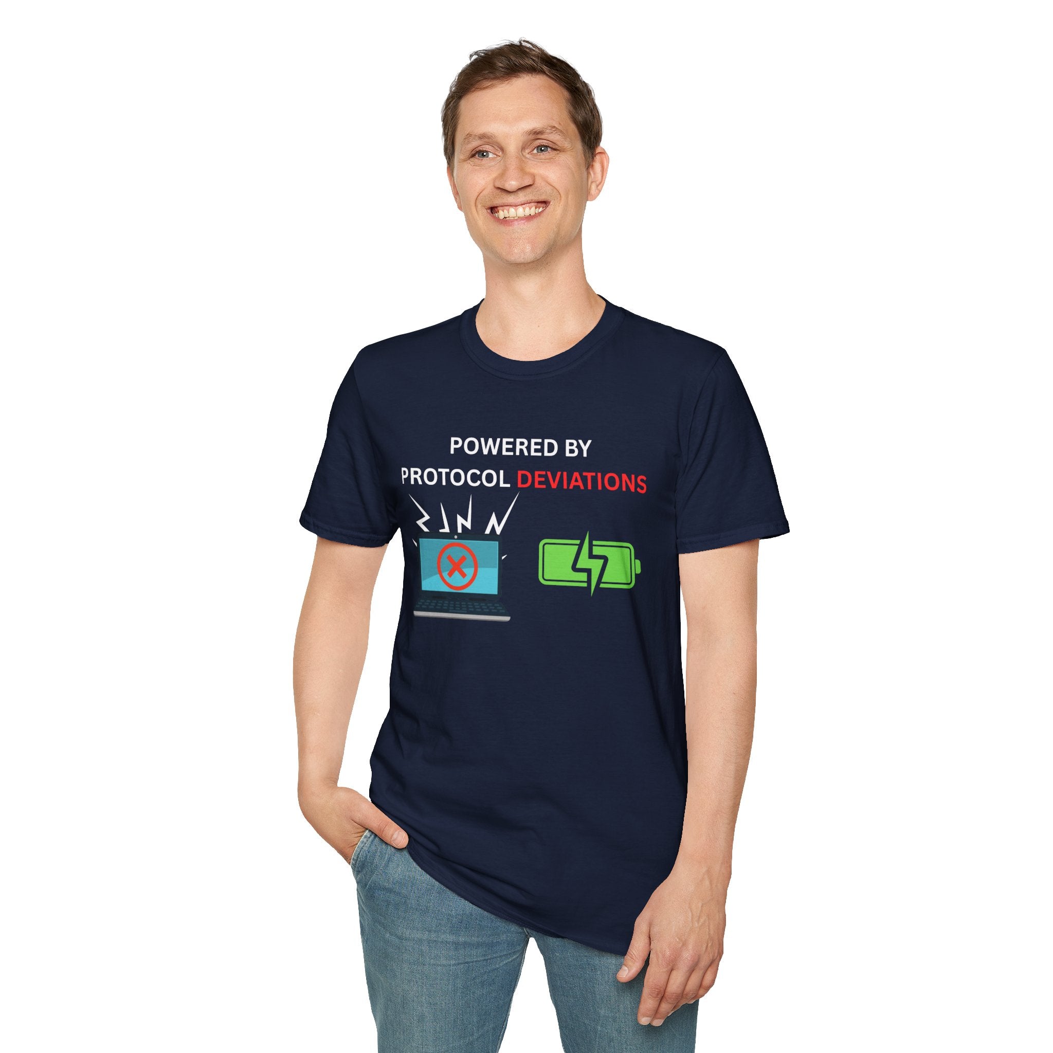 Powered By Protocol Deviations - Funny Clinical Research Unisex Softstyle T-Shirt