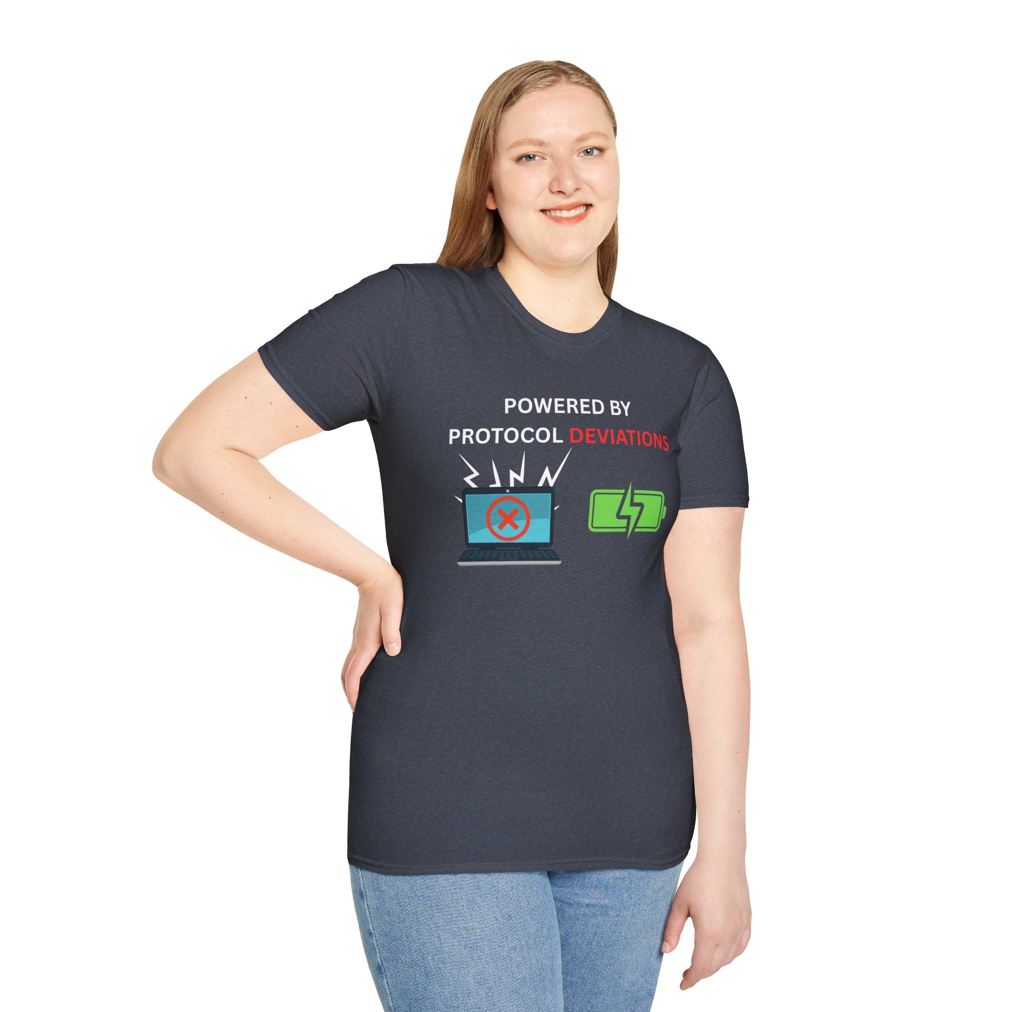 Powered By Protocol Deviations - Funny Clinical Research Unisex Softstyle T-Shirt