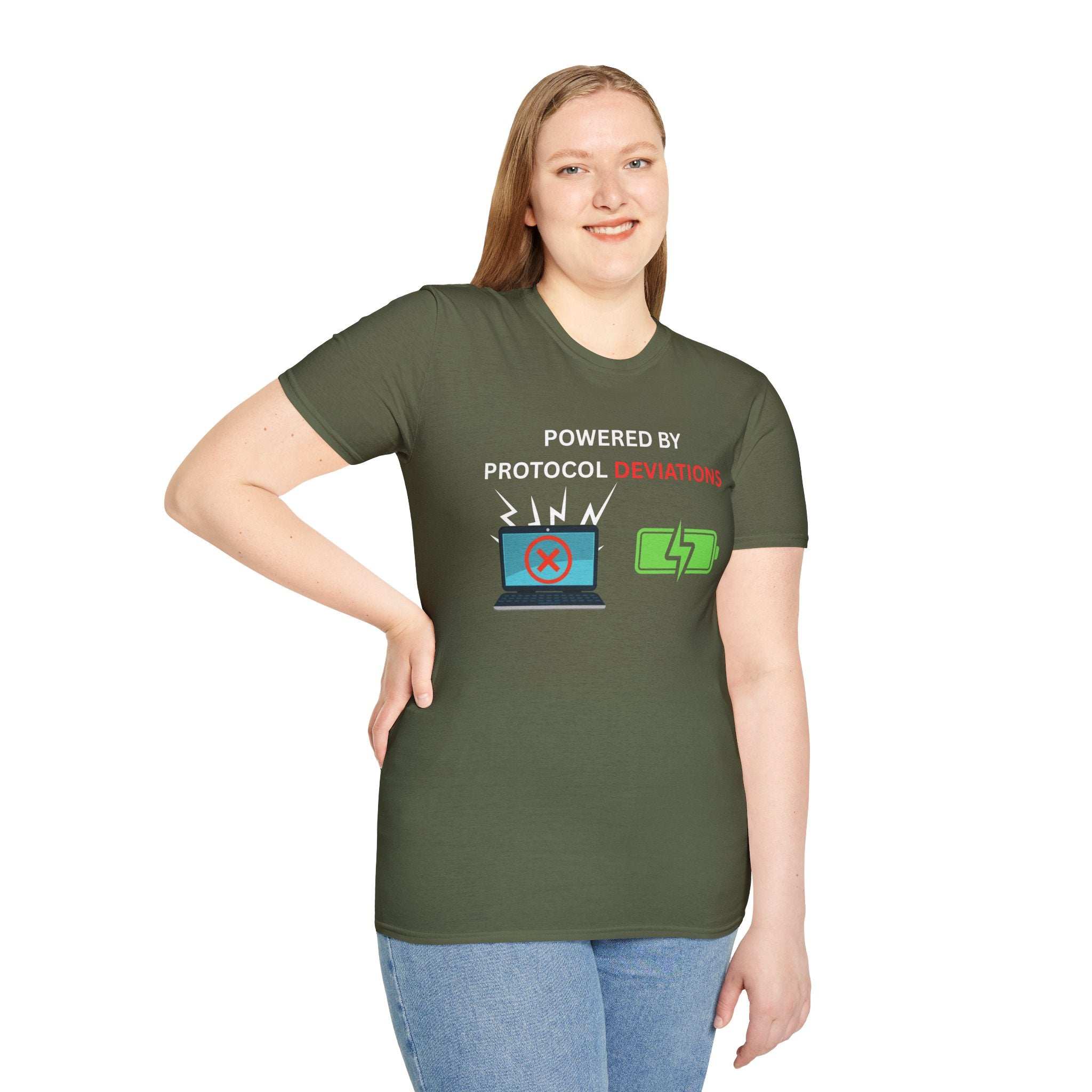 Powered By Protocol Deviations - Funny Clinical Research Unisex Softstyle T-Shirt
