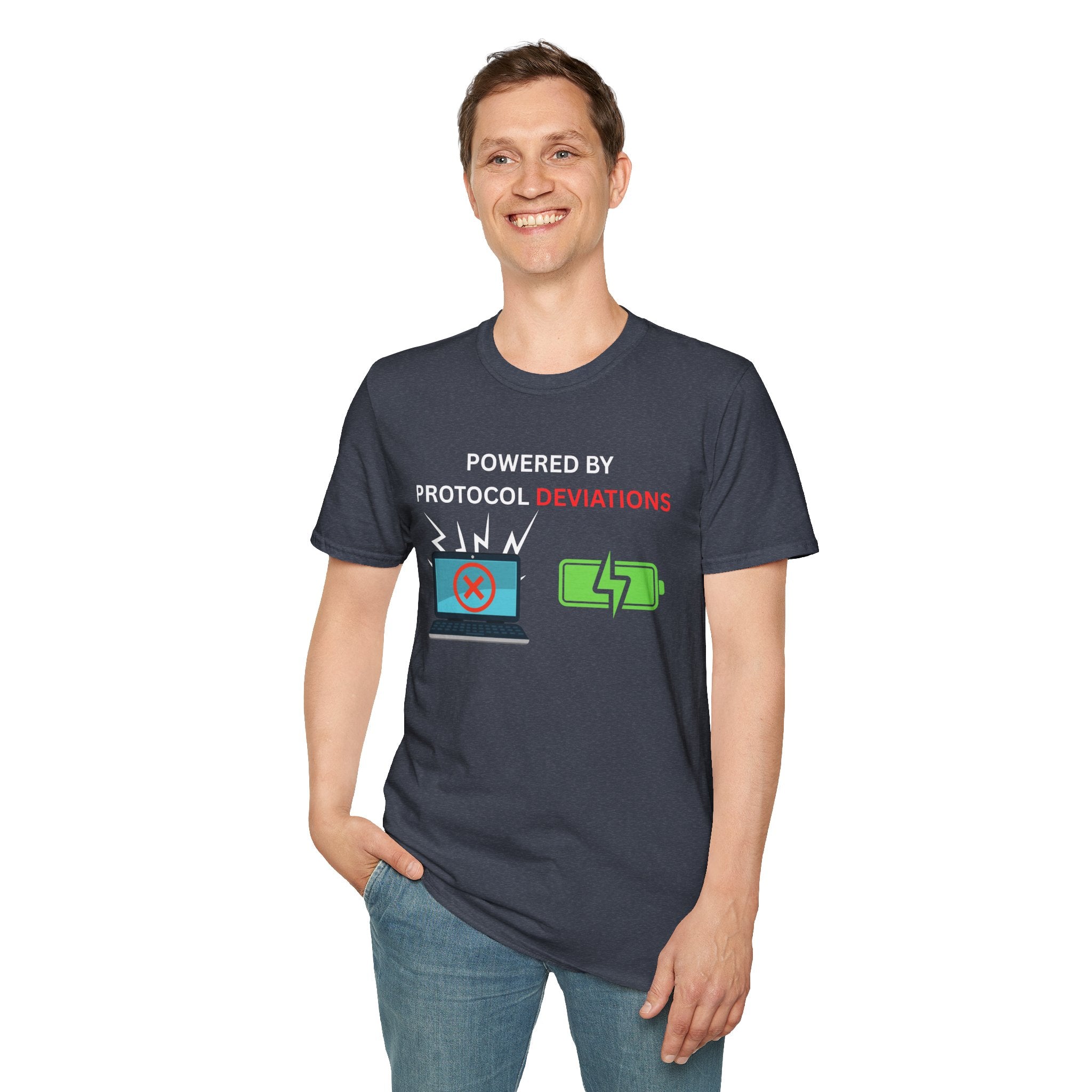 Powered By Protocol Deviations - Funny Clinical Research Unisex Softstyle T-Shirt