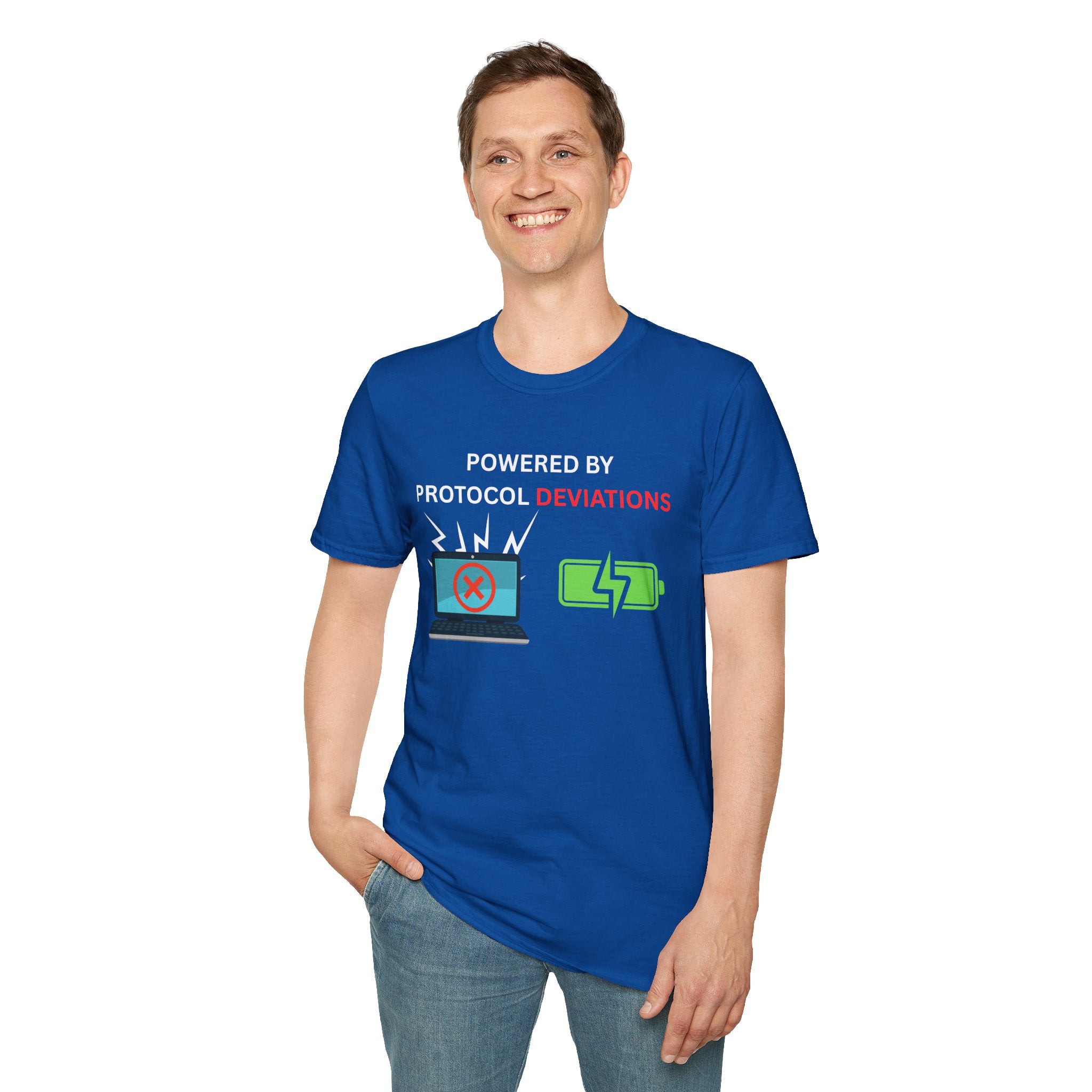 Powered By Protocol Deviations - Funny Clinical Research Unisex Softstyle T-Shirt