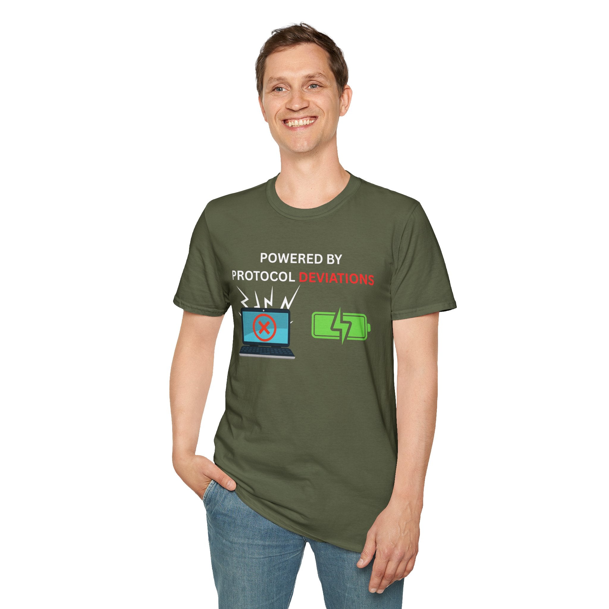 Powered By Protocol Deviations - Funny Clinical Research Unisex Softstyle T-Shirt